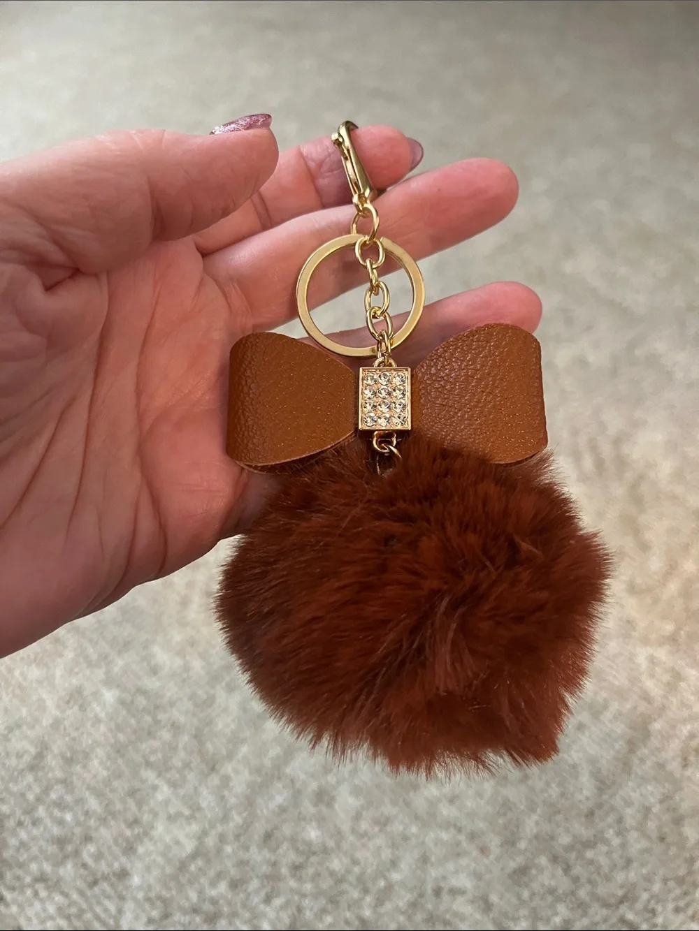 Faux Fur Pom Pom Keychain/Purse Charm with Brown Leather Bow and Gold Hardware